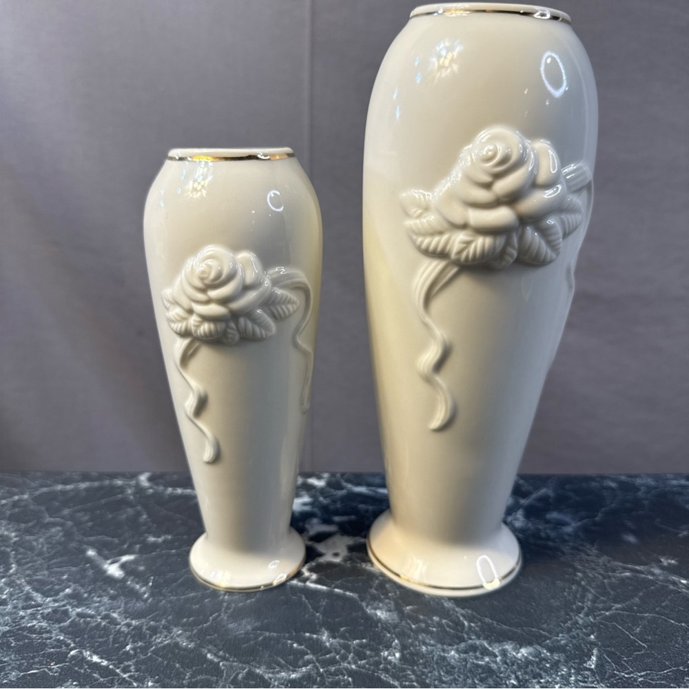 Lenox Cream Porcelain Rose Relief Vases with Silver Trim (Pair)